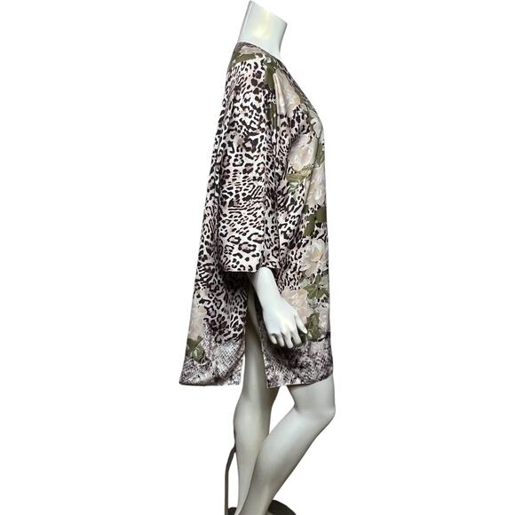 Leopard Print Floral Kimono Cardigan Cover Up Open Front Boho Beach Wrap Medium - Picture 6 of 6